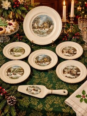 Vintage Harkerware Currier & Ives Winter Dessert Set 8 Pc Gold Trim MCM